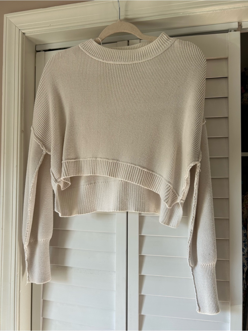 Pink Rose Cream Cropped Ribbed Crewneck Sweater